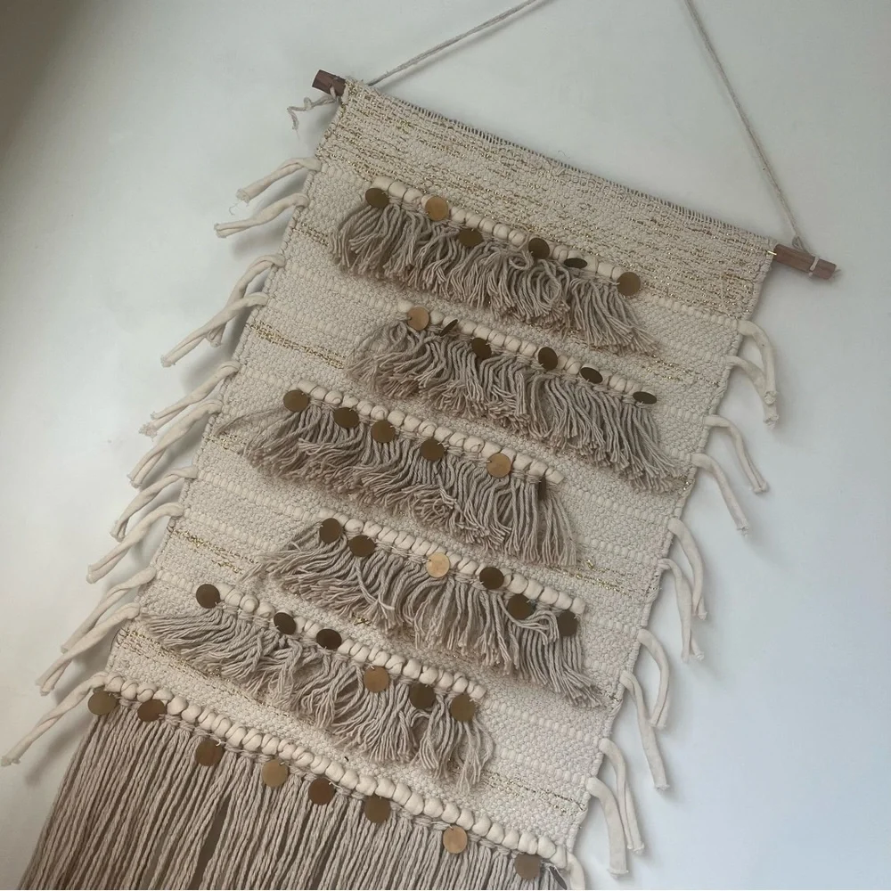 Off white tasseled gold coin fringe macrame wall hanging